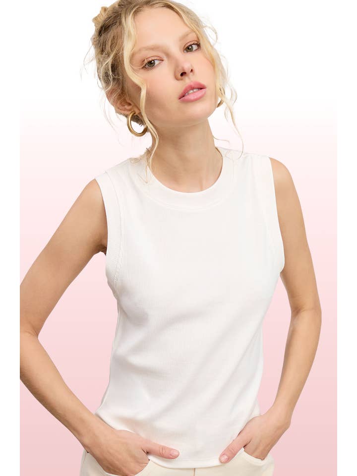 La Miel - Wholesale Tank Top - Women's - HUT7340-Stretchy Basic Ribbed Sleeveless Crew Neck Top13