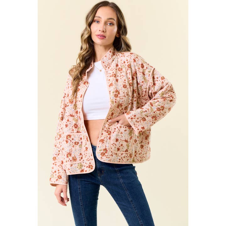 PEACH FLORAL PRINT QUILT JACKET for wholesale on Faire