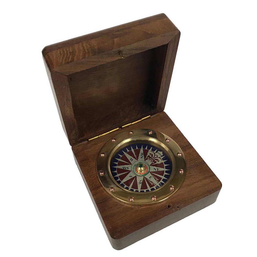 Madison Bay Co. - Historical Home Decor Reproductions – wholesale Navigational compass – Wood Compass Box w/ Compass Rose Design & Brass Compass, 3"1