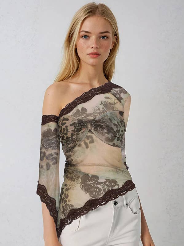 Asymmetrical Lace-Trimmed Mesh Top for wholesale by FRECKLE LOS ANGELES