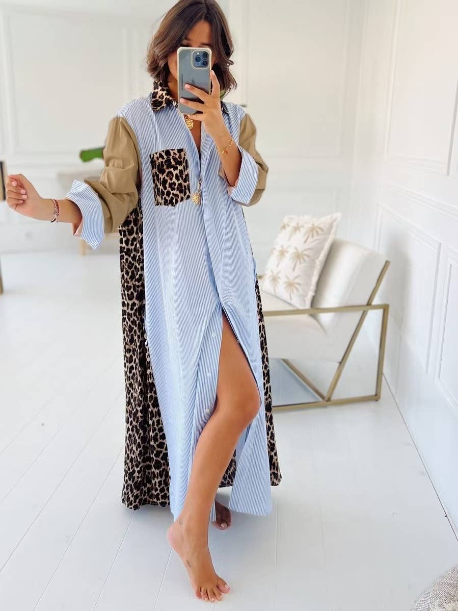 Rosa Clothing - Wholesale Dress - Women's - Casual leopard striped patchwork maxi shirt dress0