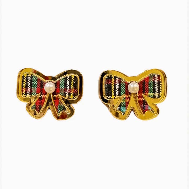 Holiday/Christmas Red Tartan Bow Stud Earrings for wholesale by BOHEMIAN GEMME