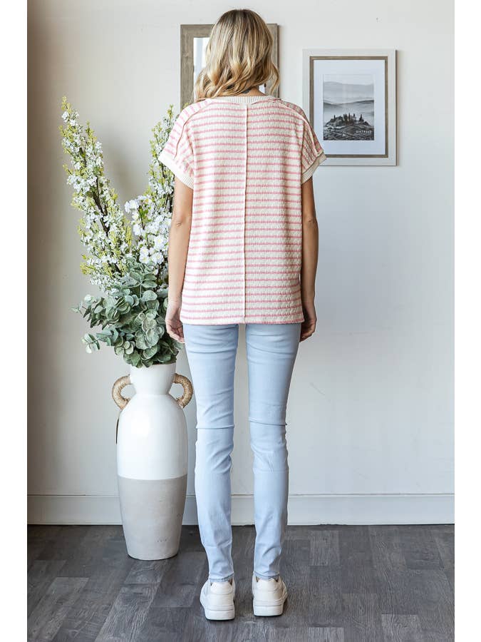 7th Ray - Venta al por mayor Jersey corto de punto - Mujer - Top de manga corta con abertura lateral y textura de rayas T58659