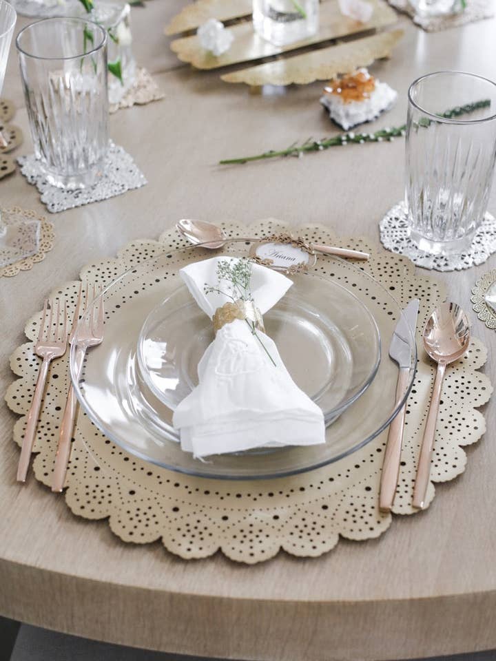 Lace Doily Gold Dining Set – Brass Placemats for wholesale by Ariana Ost