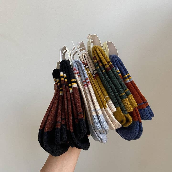 6 Pairs Random Color Contrast Color Retro Wool Adults Winter Socks for wholesale on Faire1