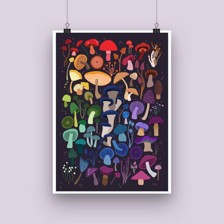 'Rainbow Mushroom' Midnight Art Print for wholesale by Joanne de Pace Design Studio
