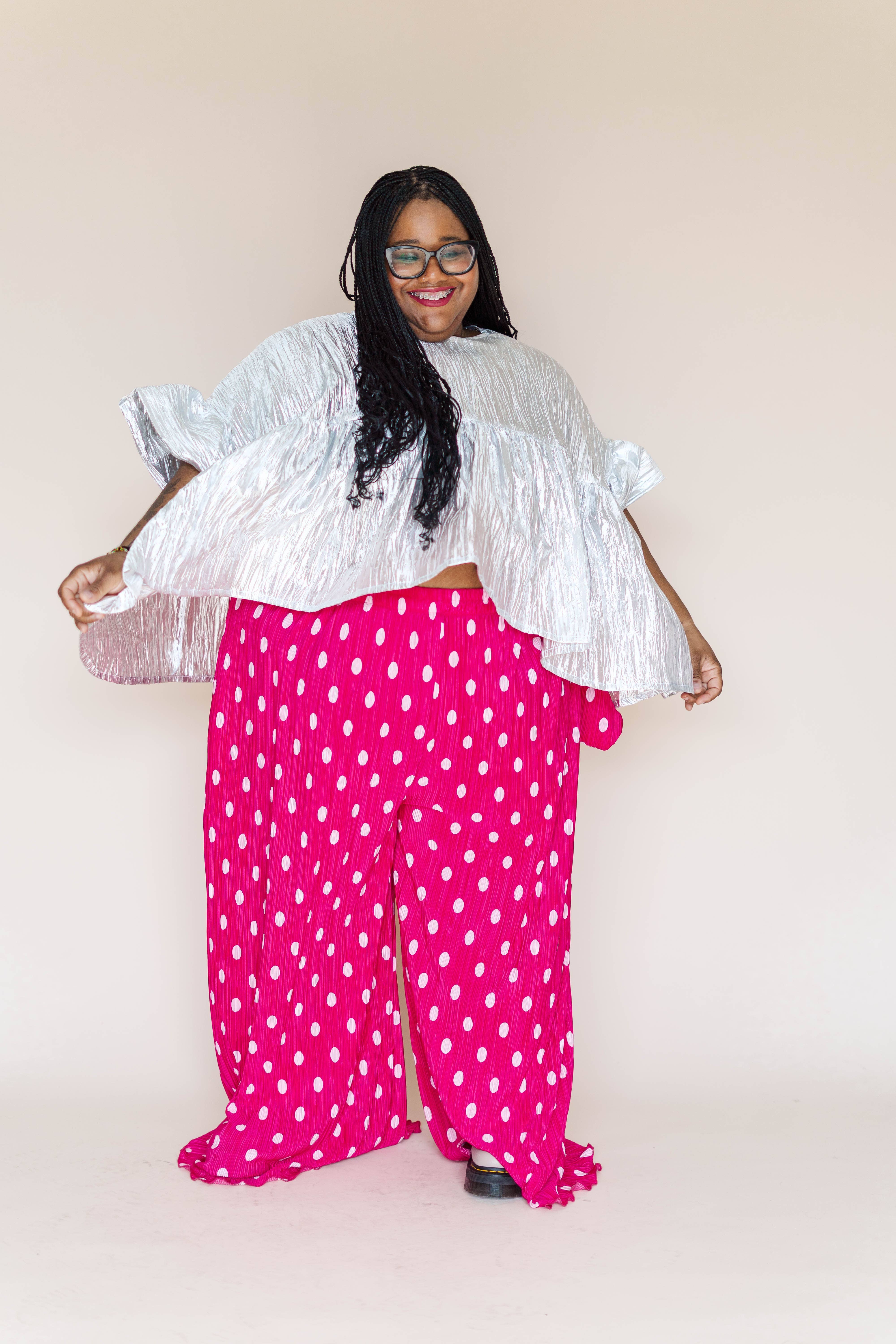Nettle Studios - Wholesale Pants - Women's - Size Inclusive Hot Pink & White Polka Dot Pleated Flare Pant6