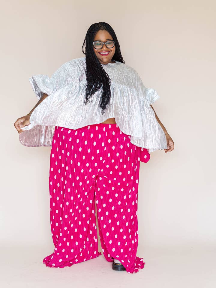 Nettle Studios - Wholesale Pants - Women's - Size Inclusive Hot Pink & White Polka Dot Pleated Flare Pant6