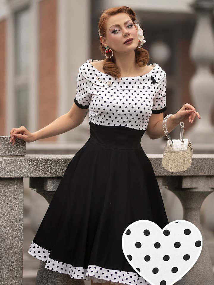 Retro Fashion Swing Dress in White & Black Polka Dot for wholesale by Dolly & Dotty