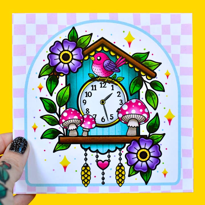 retro cuckoo clock art print / quirky colorful woodland for wholesale by jesiiii