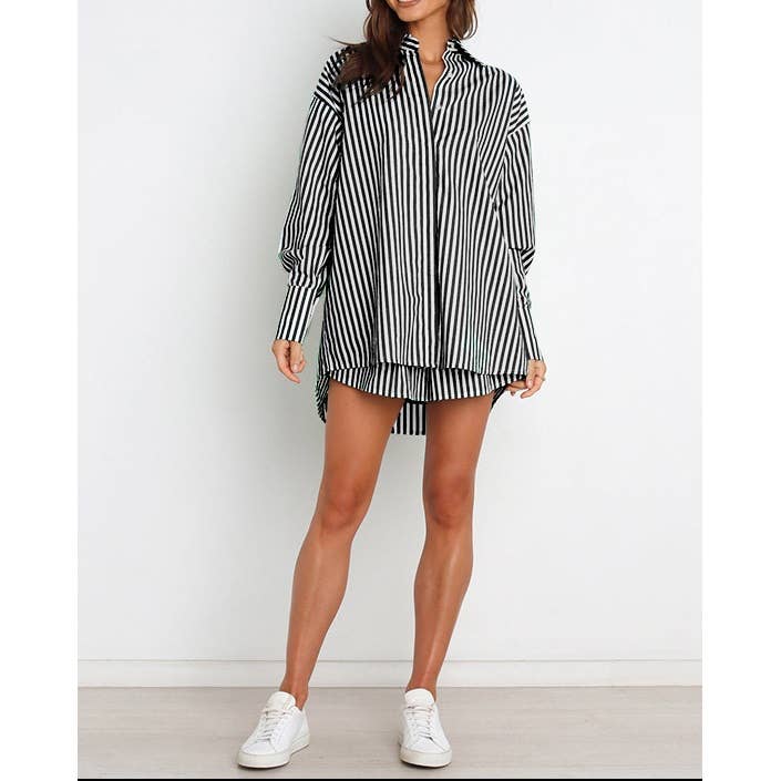 Mapcie - Wholesale Top & Pant Set (NOT Loungewear) - Women's - Striped Oversized Shirt and Drawstring Shorts Set18