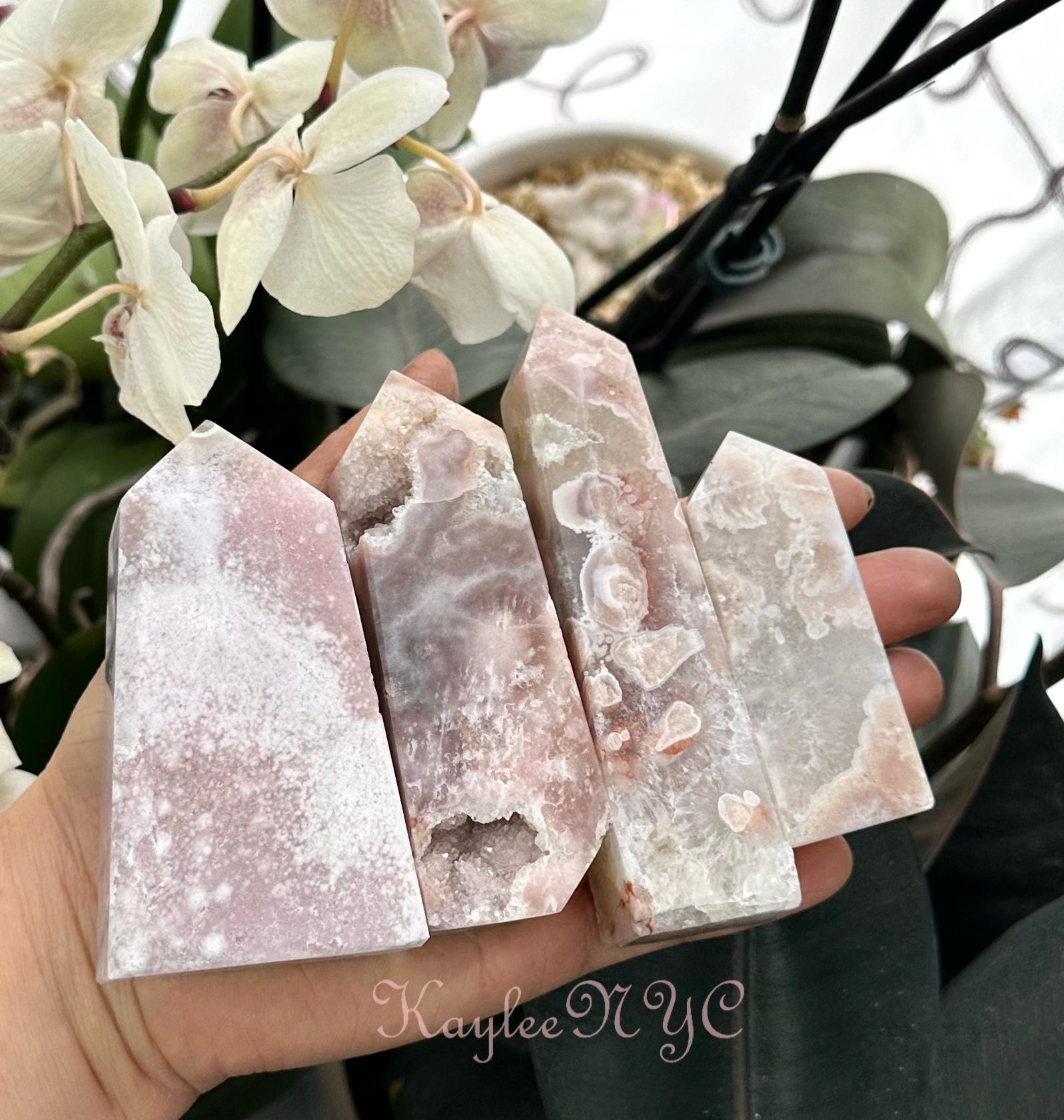 KayleeNYC – wholesale Spiritual stone/crystal – 3 Lbs Natural Pink Amethyst with Flower Agate Obelisk Tower6