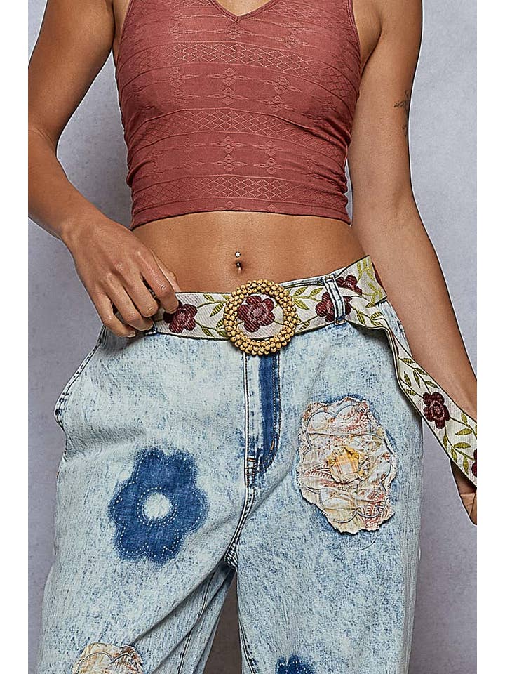 Pol Clothing - Wholesale Pants - Women's - Floral Patchwork Rolled-up Denim Straight Pants13