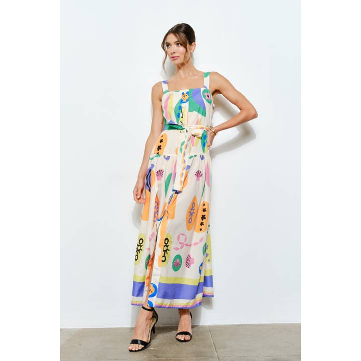 IVORY MULTI Sleeveless Square Neck Playful Printed Maxi Dress for wholesale on Faire