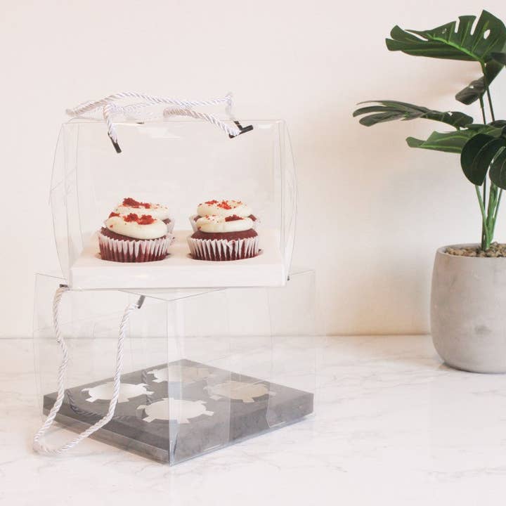 Elegant Design Supply - Vente Caissettes en papier pour cupcakes/muffins - Boîte transparente pour 4 cupcakes ordinaires avec ficelles (lot de 2)3