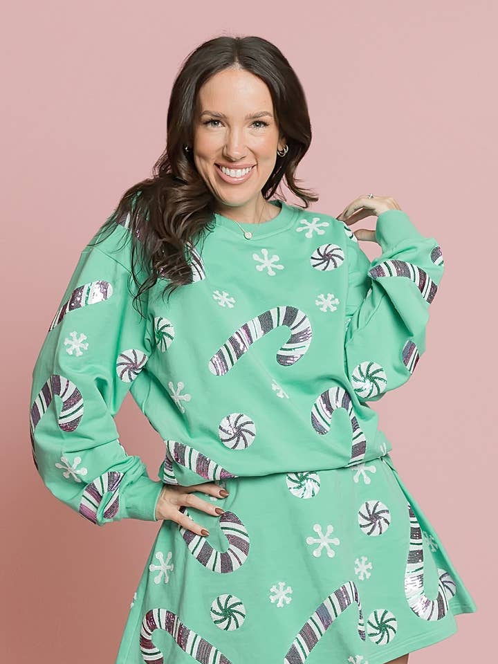 Candy Cane Teal Sweatshirt for wholesale by Belle Cher