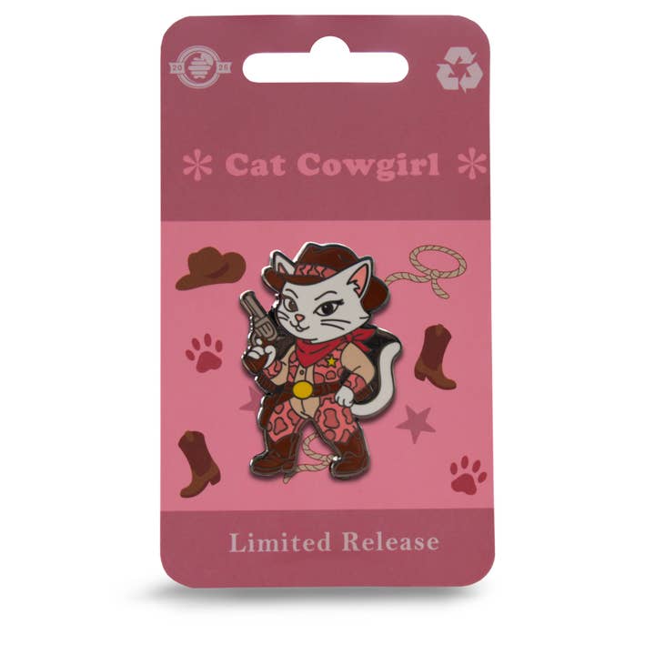 Cat Cowgirl Pin - Wearing Pink Cow Print Chaps for wholesale by Pin Hive LLC
