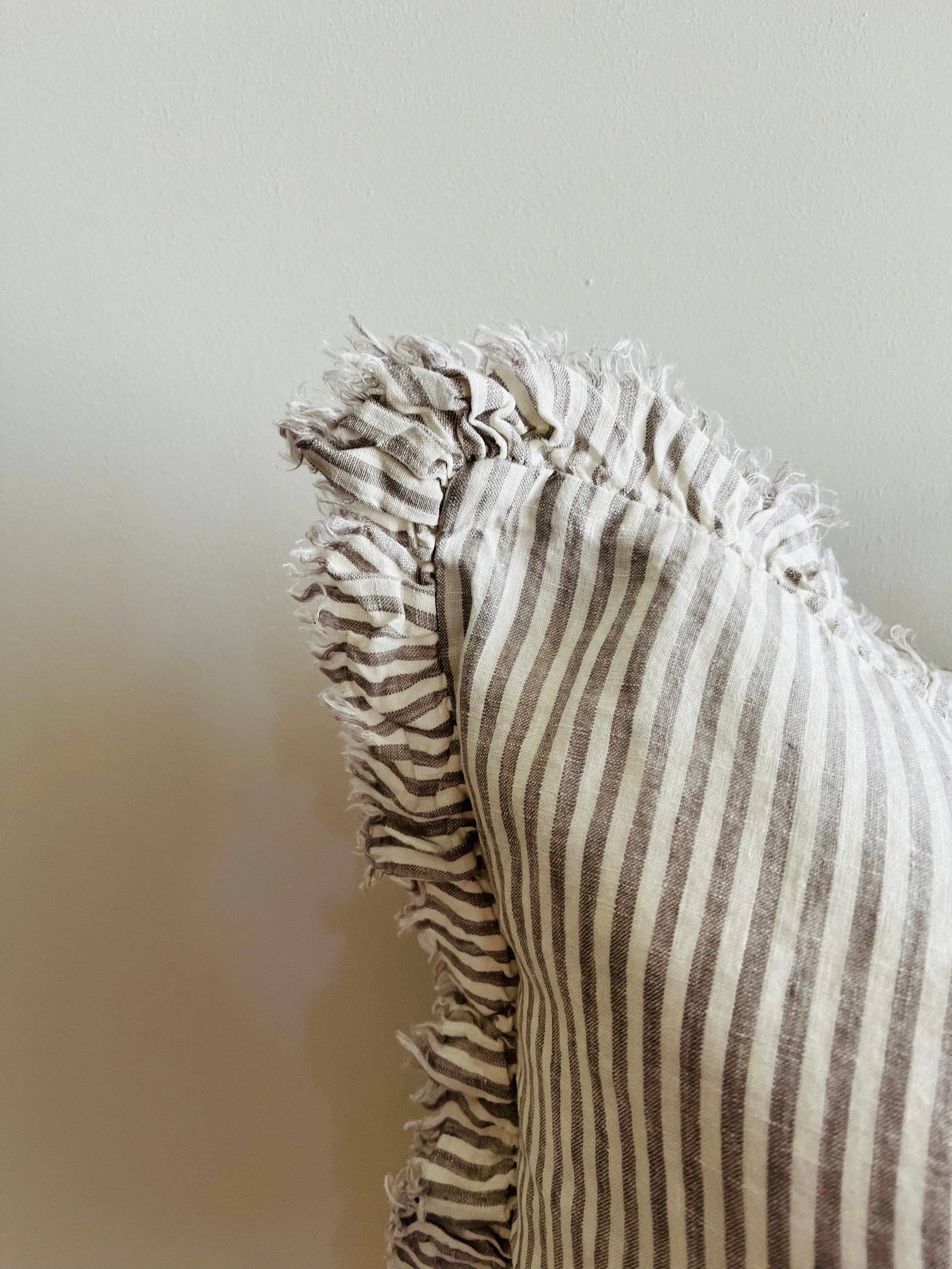 Mama and Tochter - Wholesale Throw Pillow Cover - Pure French Linen Frayed Edge Ruffle Cushion Cover - Grey Stripe2
