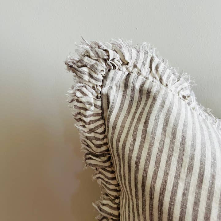 Mama and Tochter - Wholesale Throw Pillow Cover - Pure French Linen Frayed Edge Ruffle Cushion Cover - Grey Stripe2