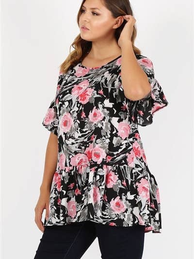 Top Tunique Floral Volants Grande Taille Noir Rose - Lot de 6 pour la vente par Apparel Candy