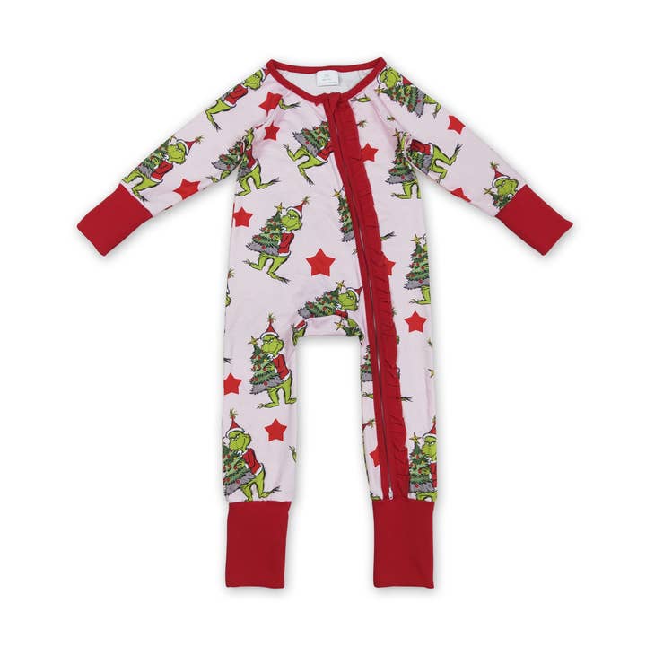 Red stars green face baby girls Christmas zipper romper for wholesale by Yawoo Garments