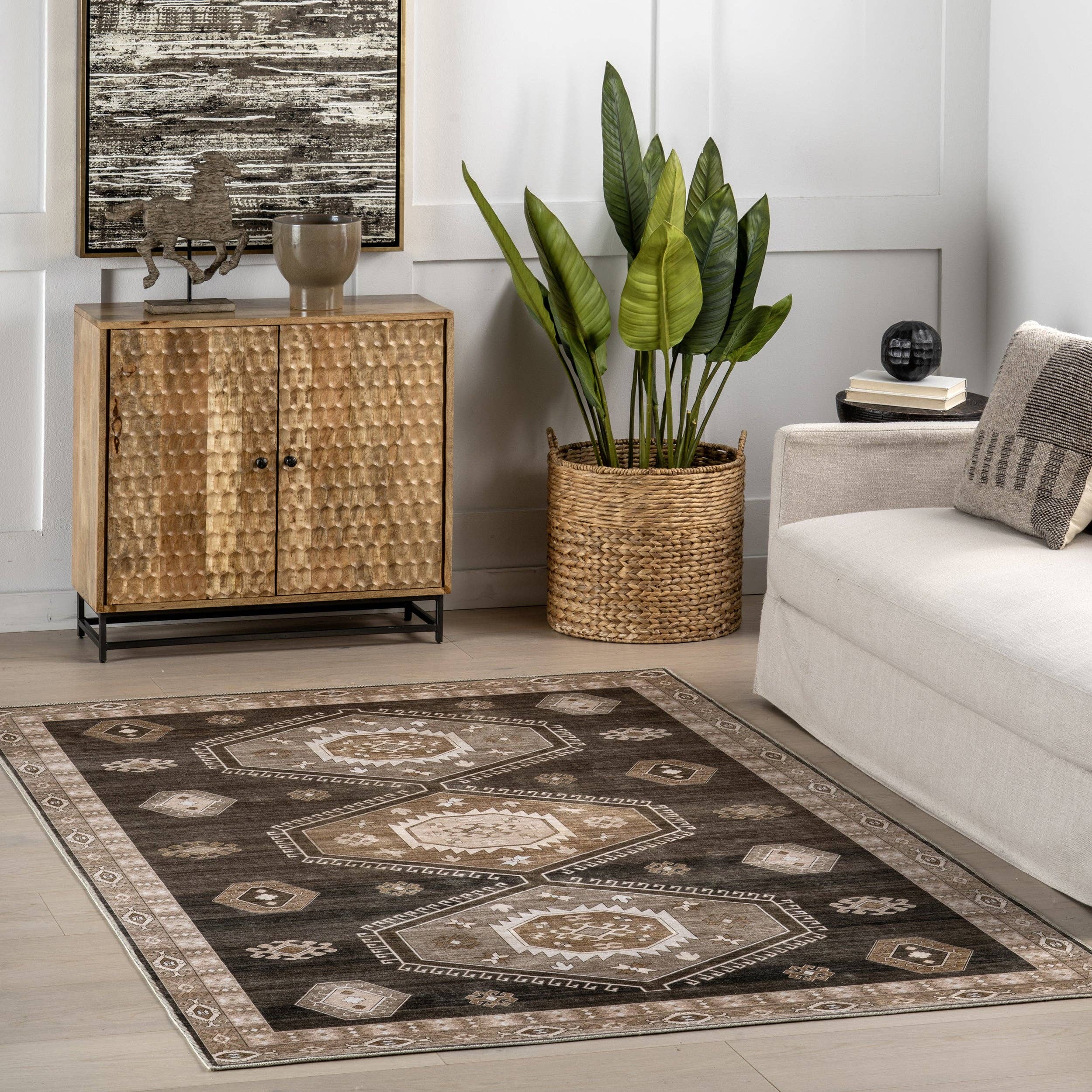 Dark Brown Anette SplashGuard Vintage Medallion Machine Washable Area Rug for wholesale on Faire8