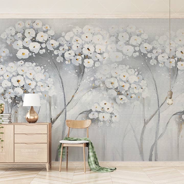 Papier peint amovible à l'aquarelle à fleurs blanches pour la vente par GK Home Decor