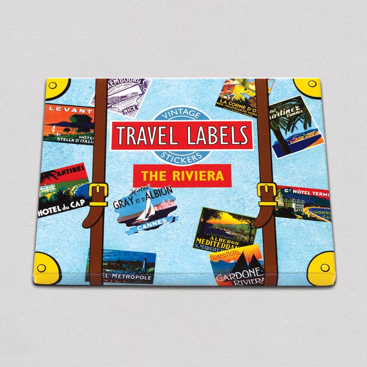 The Riviera - Boîte à autocollants pour étiquettes de voyage pour la vente par Laughing Elephant