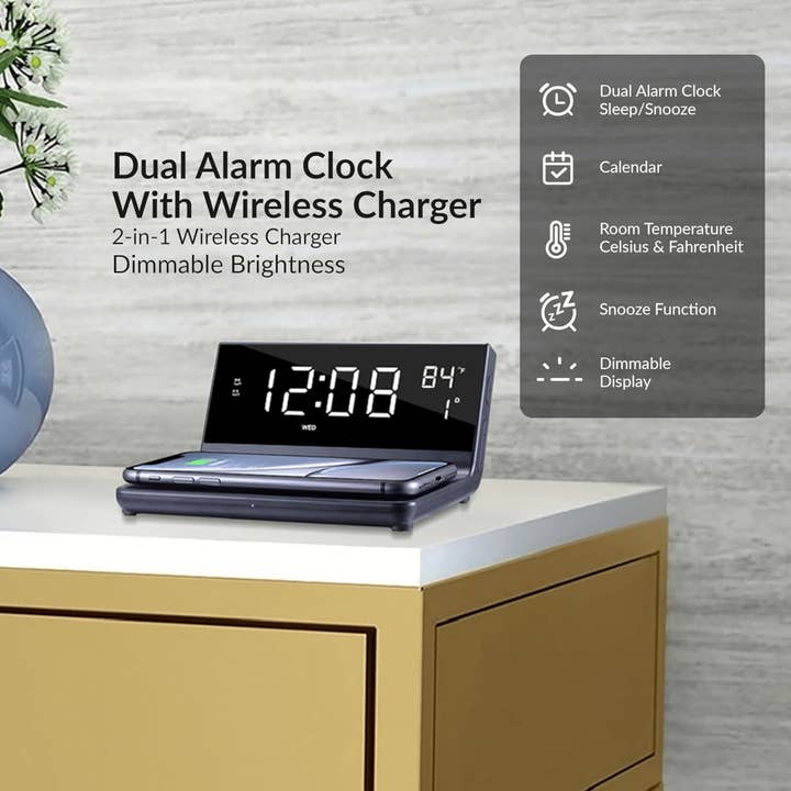 JupiterGear Home – wholesale Charging dock – Supersonic Dual Alarm Clock with 2-in-1 Wireless Charger3