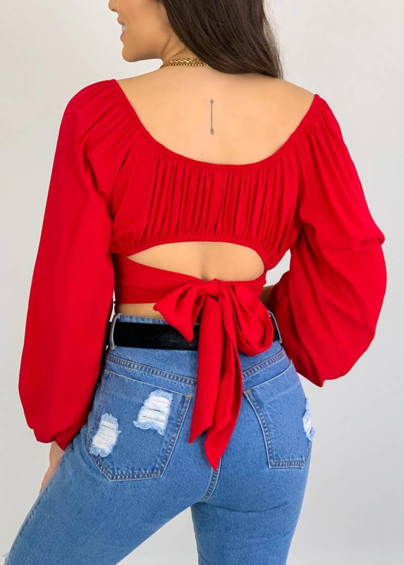 HIDDENBRAND - Wholesale Blouse - Women's - Crop Top Balloon Sleeve Straight-Neck Shirt16