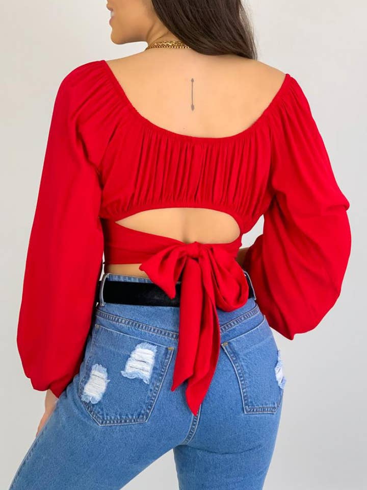 HIDDENBRAND - Wholesale Blouse - Women's - Crop Top Balloon Sleeve Straight-Neck Shirt16