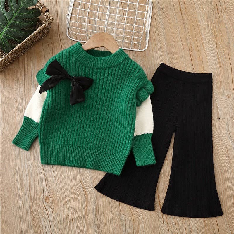 MyKids-USA® - Wholesale Top & Pant Set - Kids - Baby Solid Color Bow Patched Sweater With Pants Sets2
