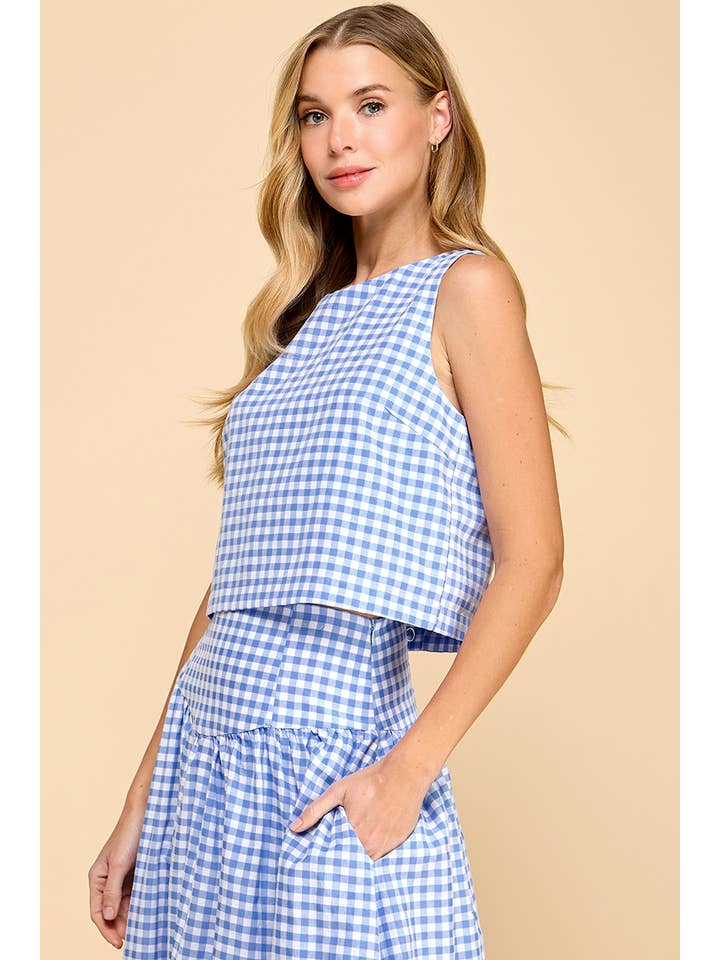 BABY BLUE CT9086-Gingham Sleeveless Boxy Top for wholesale on Faire2