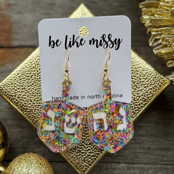 Hanukkah Oorbellen - Dreidel - Disco Glitter voor wholesale door Be Like Missy