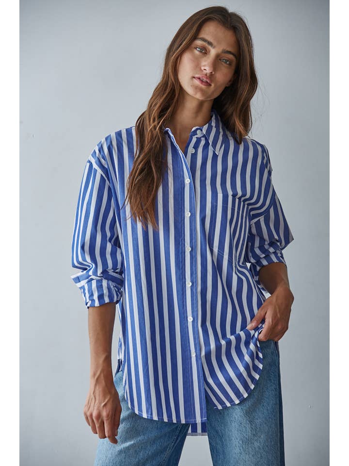 Blue White LAR1050 | Woven Cotton Striped Button Down Shirt Top for wholesale on Faire