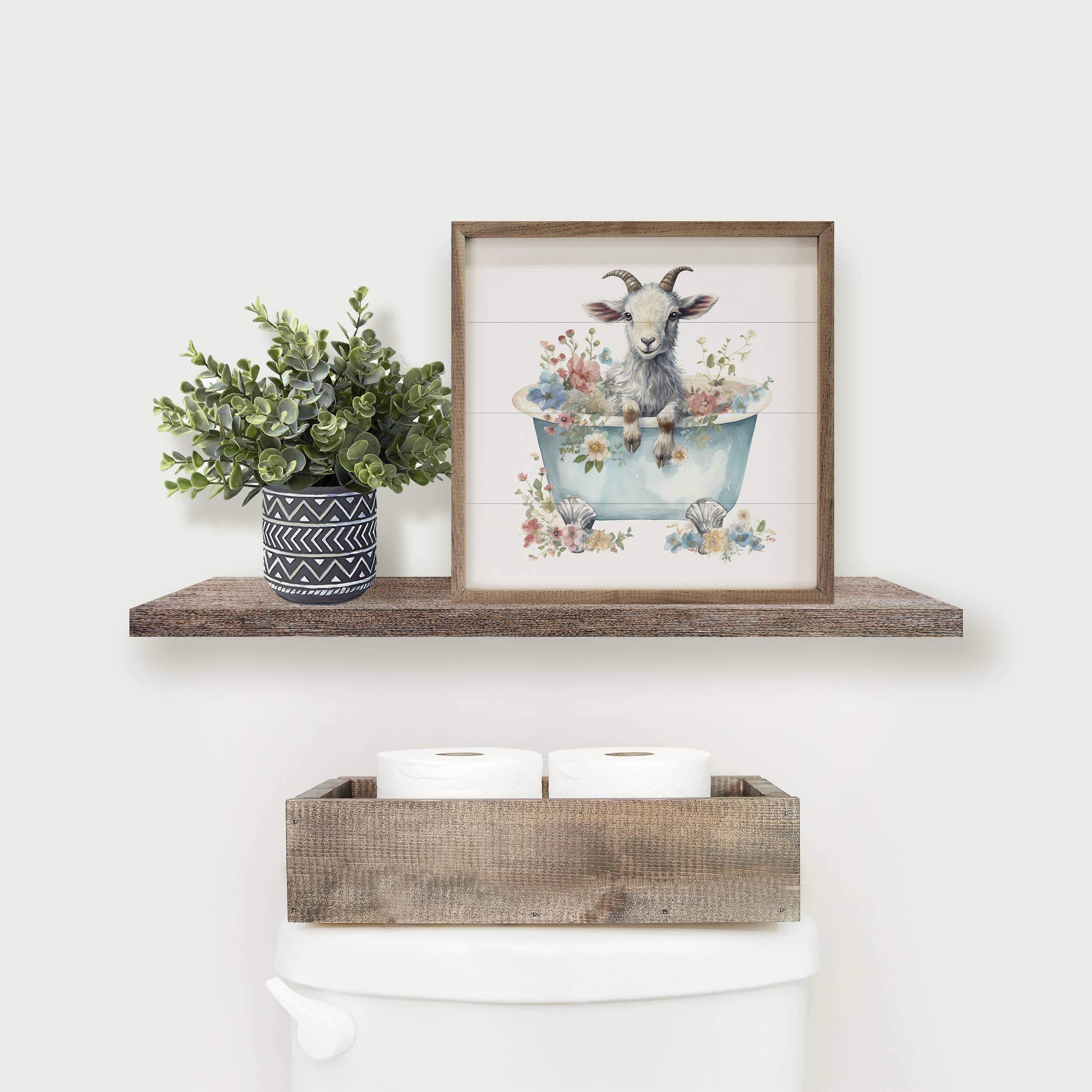 Kendrick Home - Wholesale Sign - White Goat With Flowers Blue Tub White1