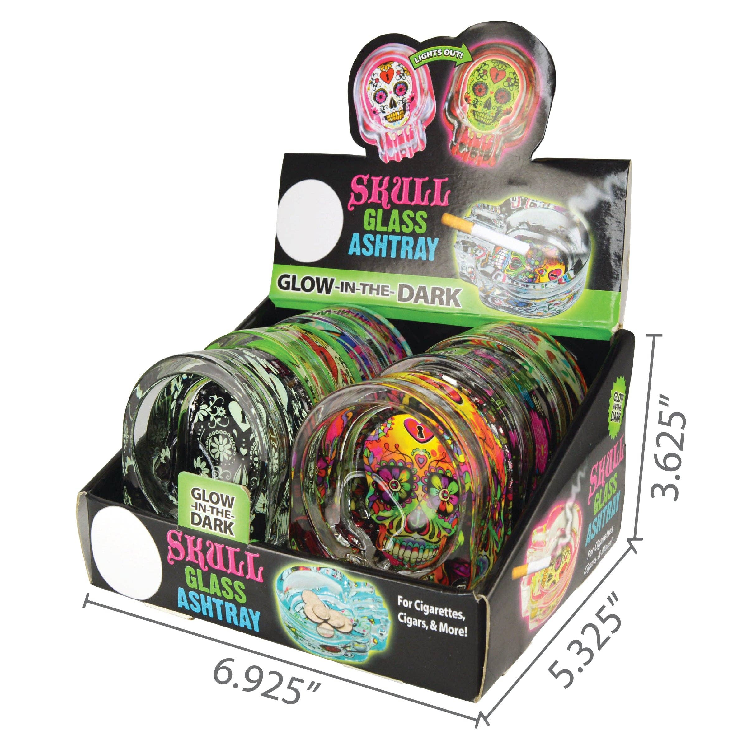 Novelty Brands - Wholesale Ashtray - Smokezilla Glow In Dark Glass Skull Ashtray - 6/Display2
