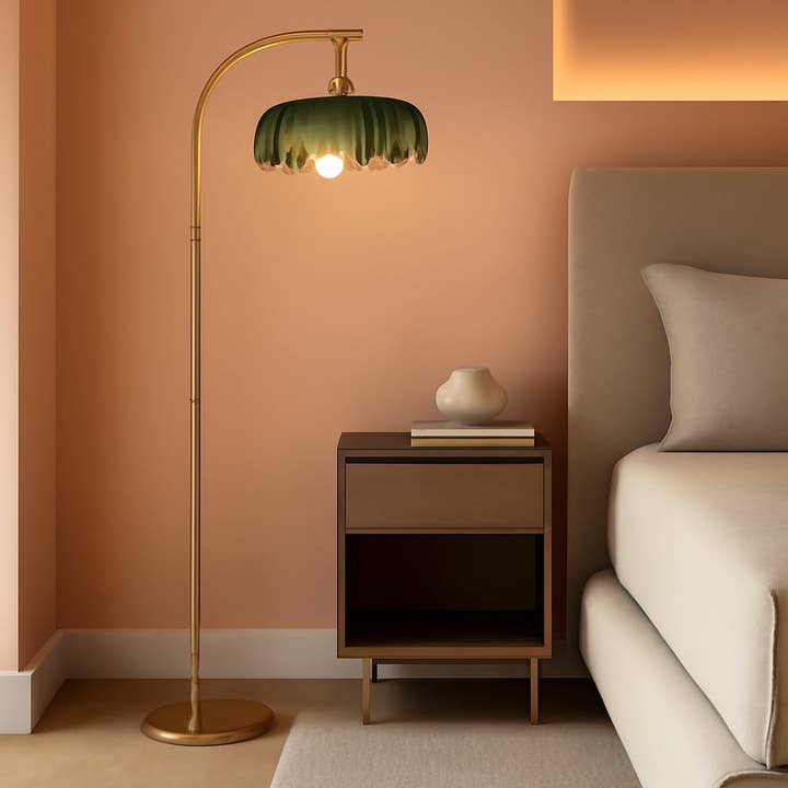 Gold Floor Lamp Arc Mid Century Industrial Green Shade for wholesale by ShipItFurniture