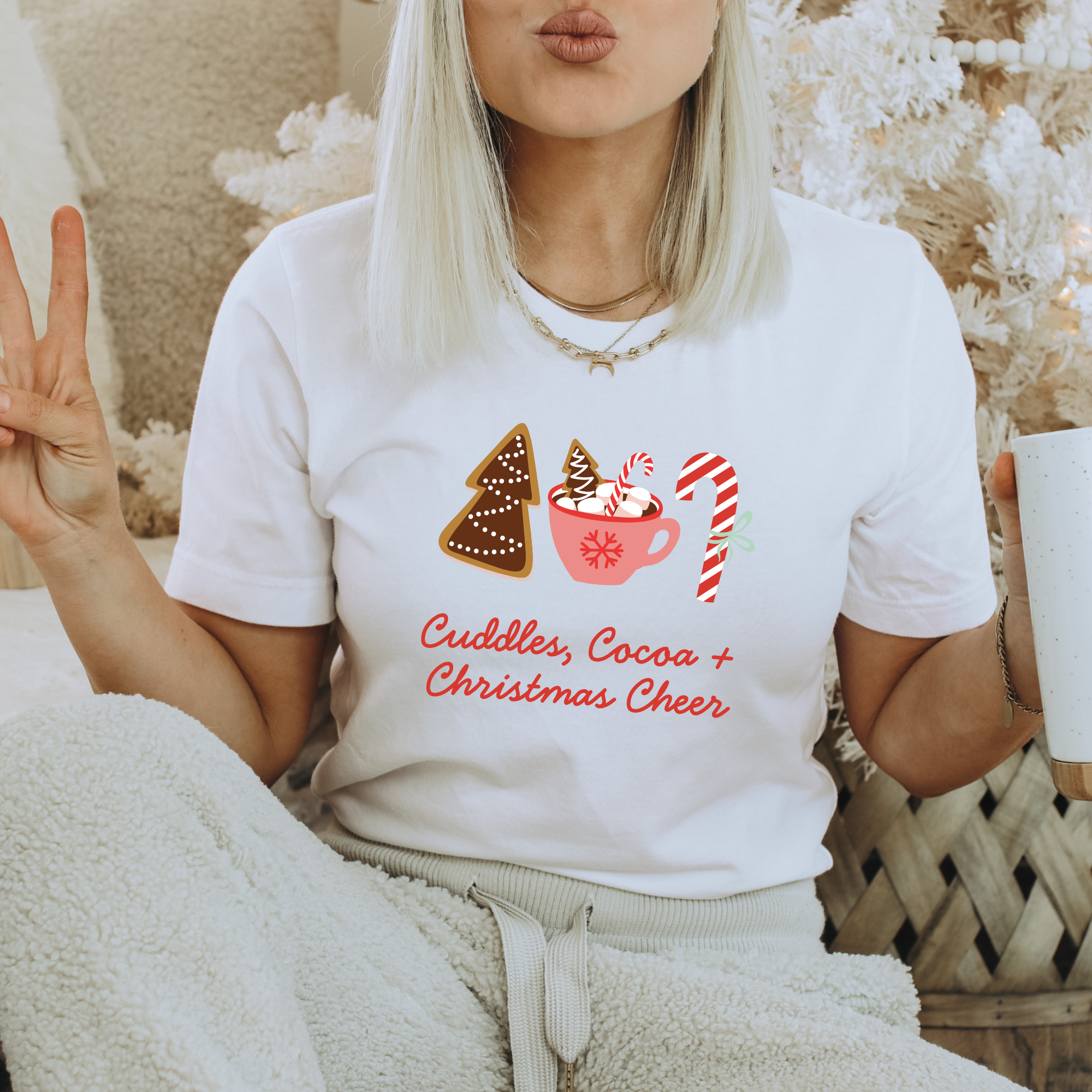 White  Cuddles Cocoa and Christmas Cheer T-Shirt for wholesale on Faire0