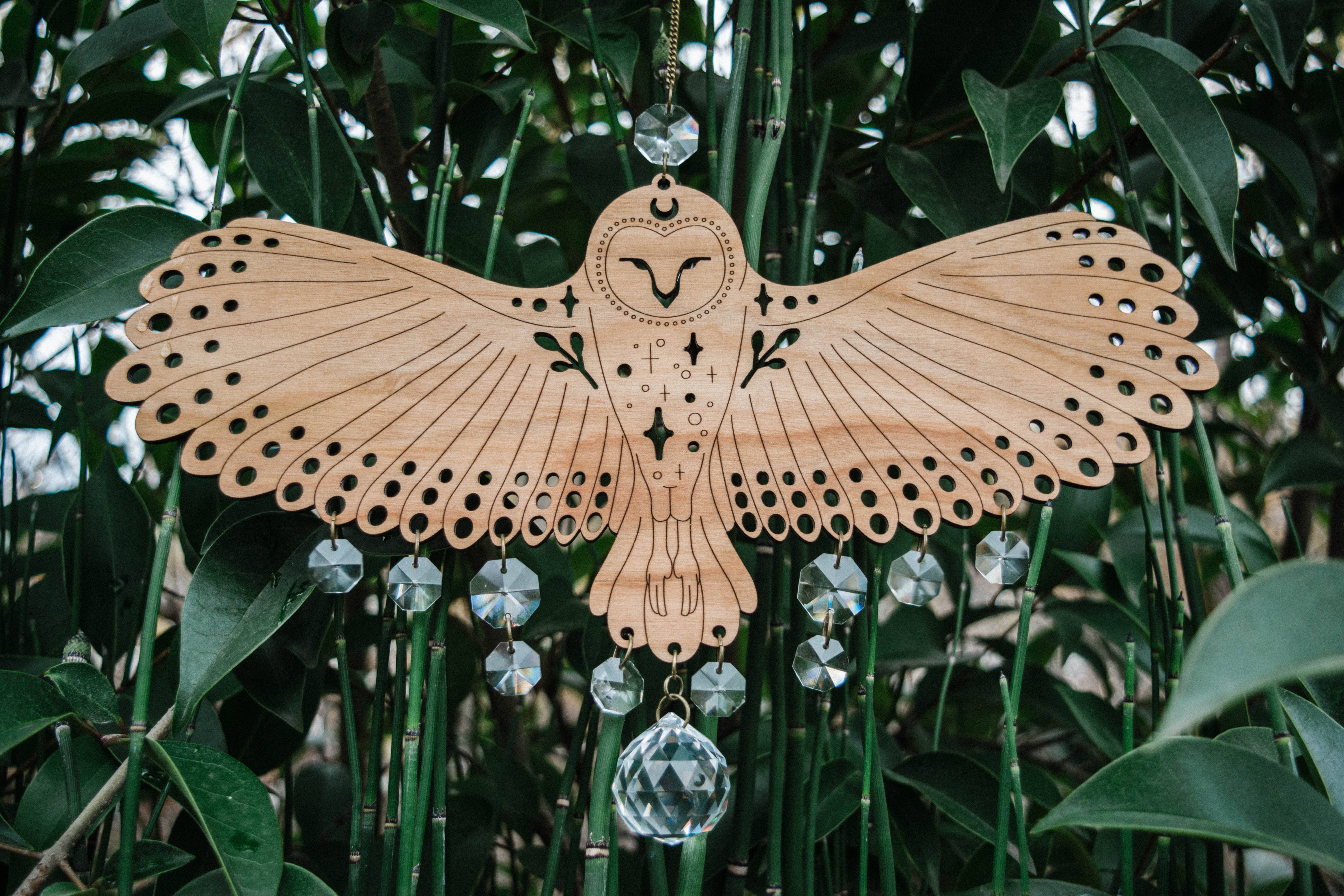 HEX Botanical - Wholesale Suncatcher - Owl Wooden Wall Hanging Bird Suncatcher w/ Crystal Prisms 6