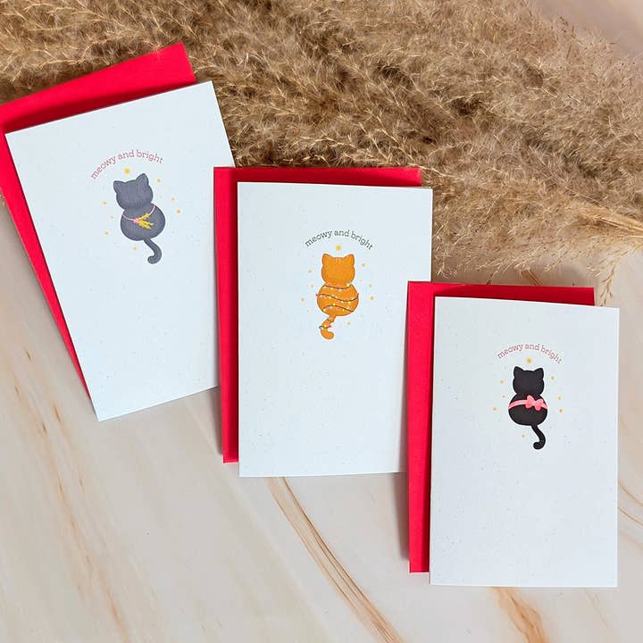 Meowy and Bright Mini Cat Holiday Greeting Card for wholesale by Cheeky Peach Designs