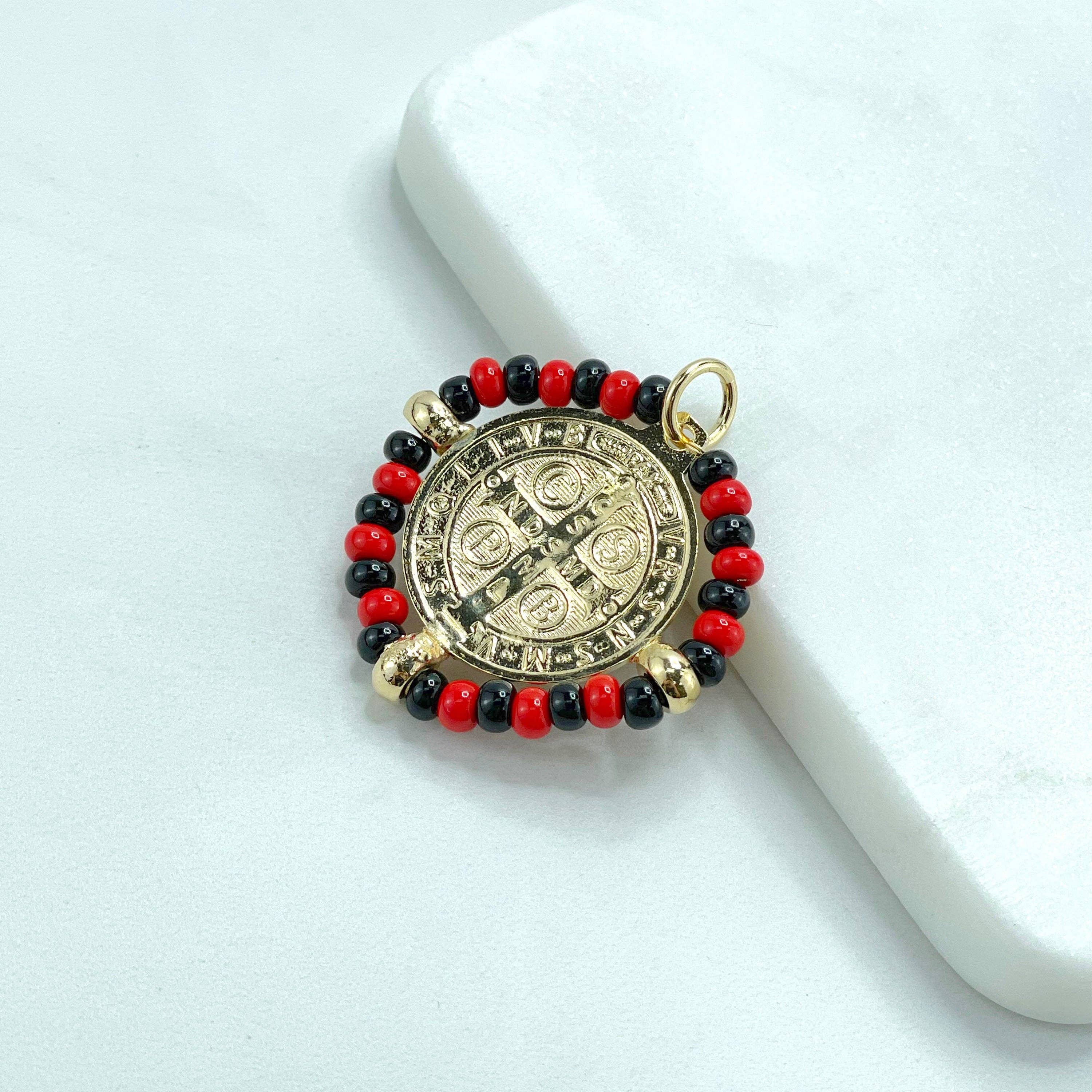 DIJU Jewelry - Wholesale  - 18k Gold Filled San Benito Coin, Black & Red Beads, 2 Sided Round Pendant Charms, Reversible San Benito, Wholesale Jewelry Making Supplies2