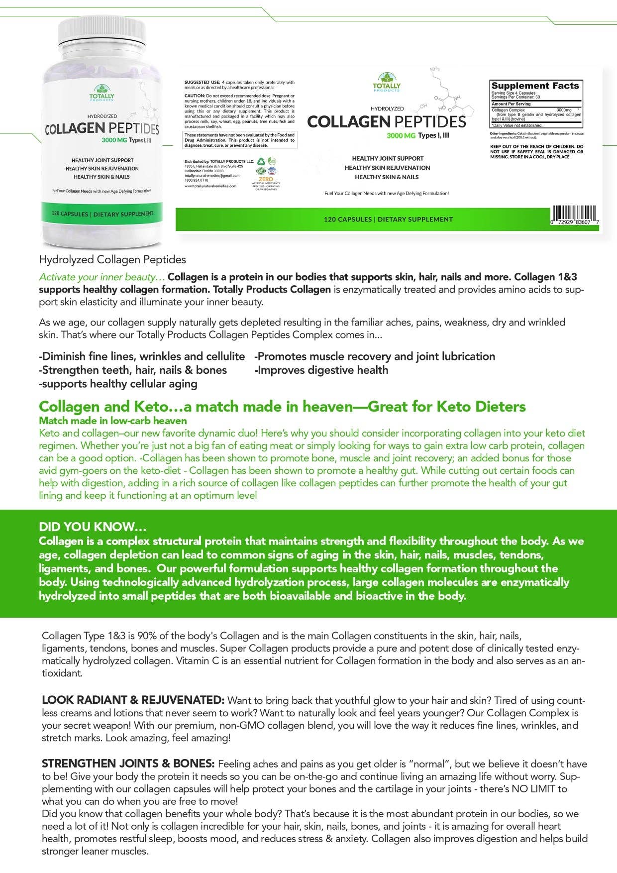 Totally Products - Wholesale Oral Supplement/Vitamin - Hydrolyzed Collagen Peptides 750mg - Protein Powder  (120 Capsules)4