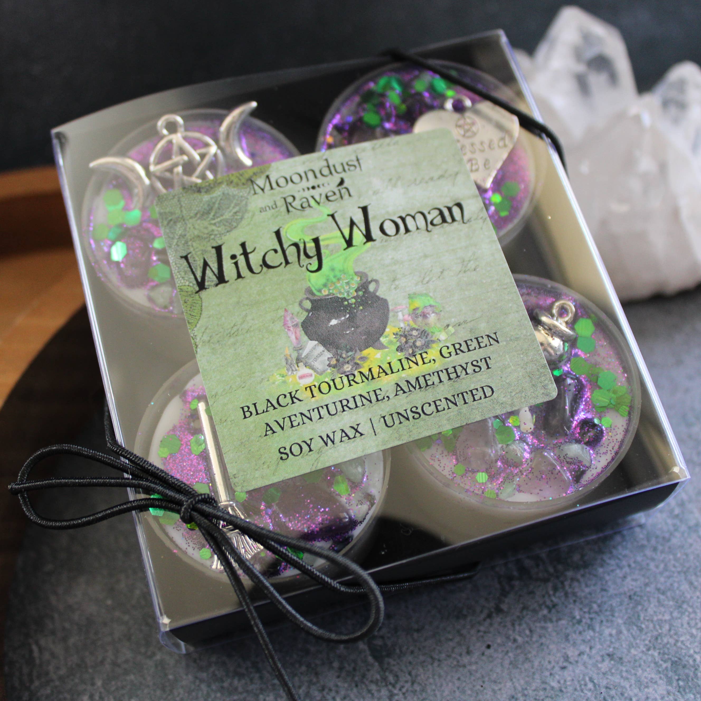Moondust and Raven – wholesale Tea light candles – Witchy Woman Tealight Crystal Candles, Ritual Candles2