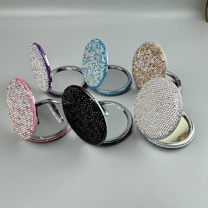 Ole - Wholesale Compact Mirror - Circle Ceramic Rhinestone Folding Makeup Mirror M04499