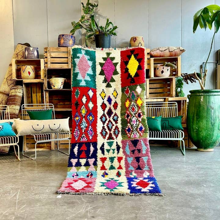 Vintage farverigt marokkansk Berber Boucherouite bomuldstæppe for engroshandel hos leslosanges