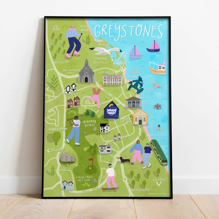 Illustrerad karta över Greystones - Irländsk konsttryck för wholesale av By Claire Schorman