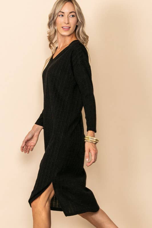 Elloh Collection - Wholesale Dress - Women's - Comfy Long Sleeve V Neck Knit Dress with Side Slits0