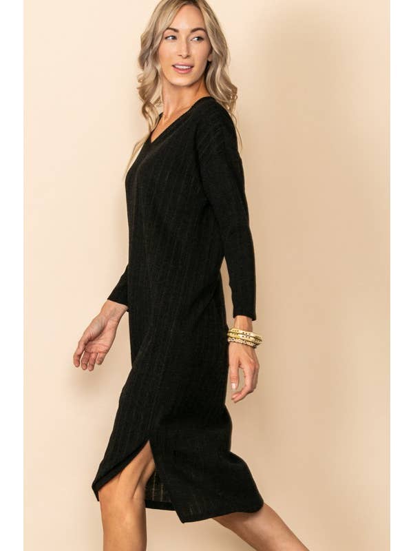 Elloh Collection - Wholesale Dress - Women's - Comfy Long Sleeve V Neck Knit Dress with Side Slits