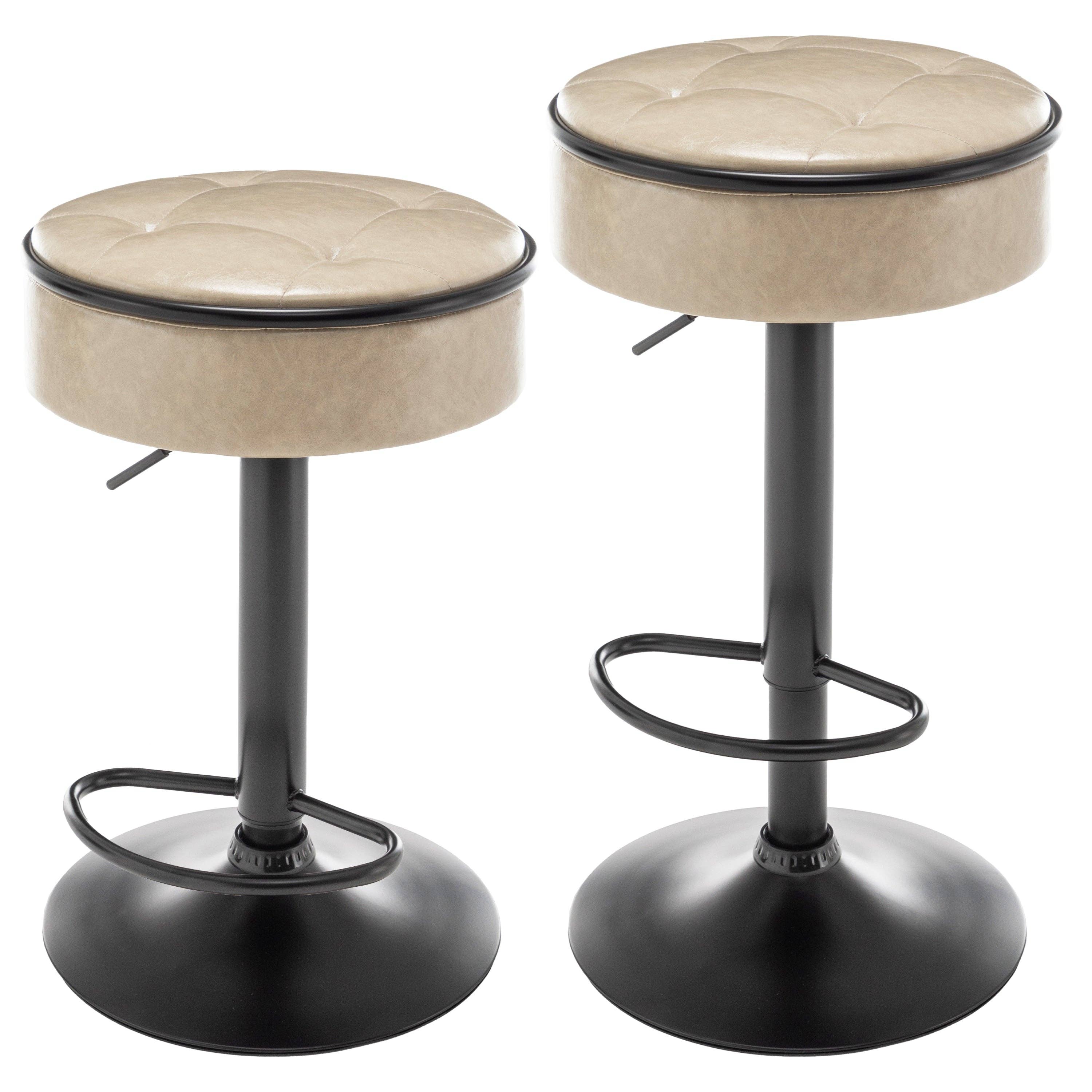 Orange County Decor - Wholesale Stool - Round Storage Bar Stool Set Of 2, Khaki Faux Leather Height Adjustable Barstool, 360 Counter Height Swivel Stool, Armless Bar Chair With Metal Frame For Kitchen Counter Dining Living Room Khaki Set41